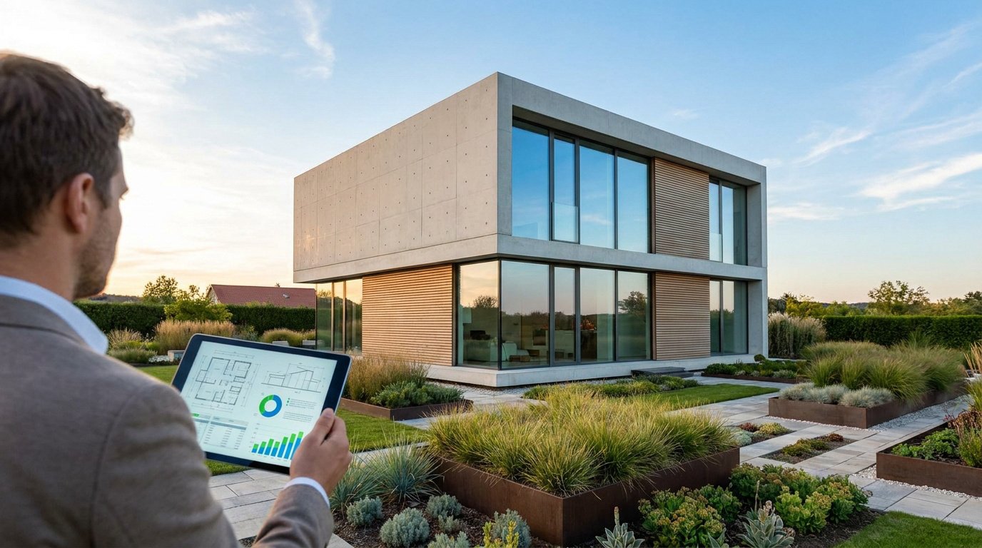 Un homme d'affaires examine les plans d'une maison cube moderne sur une tablette numérique dans un jardin paysager.