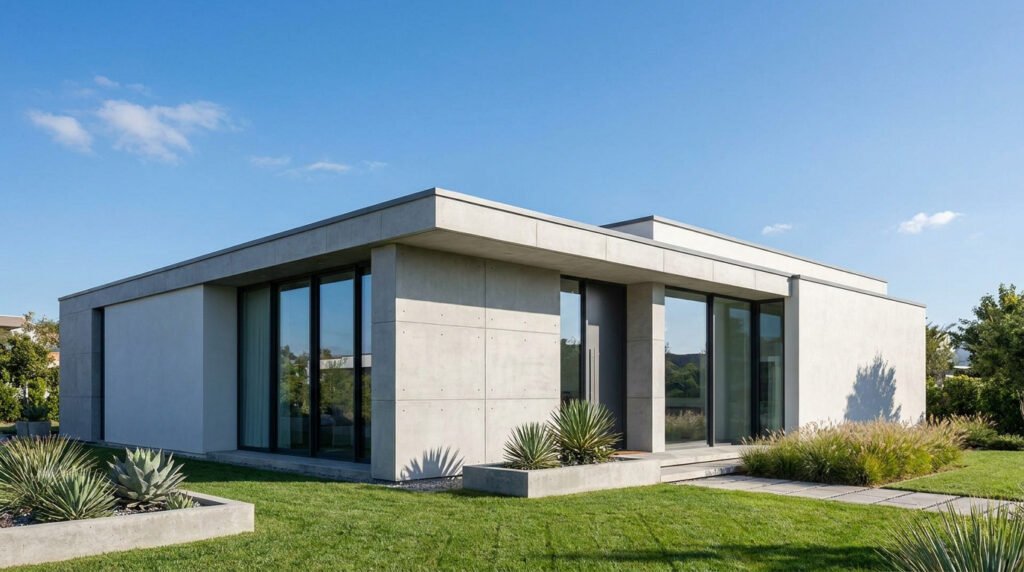 Maison cubique moderne en béton avec toit plat et grandes baies vitrées dans un jardin verdoyant.