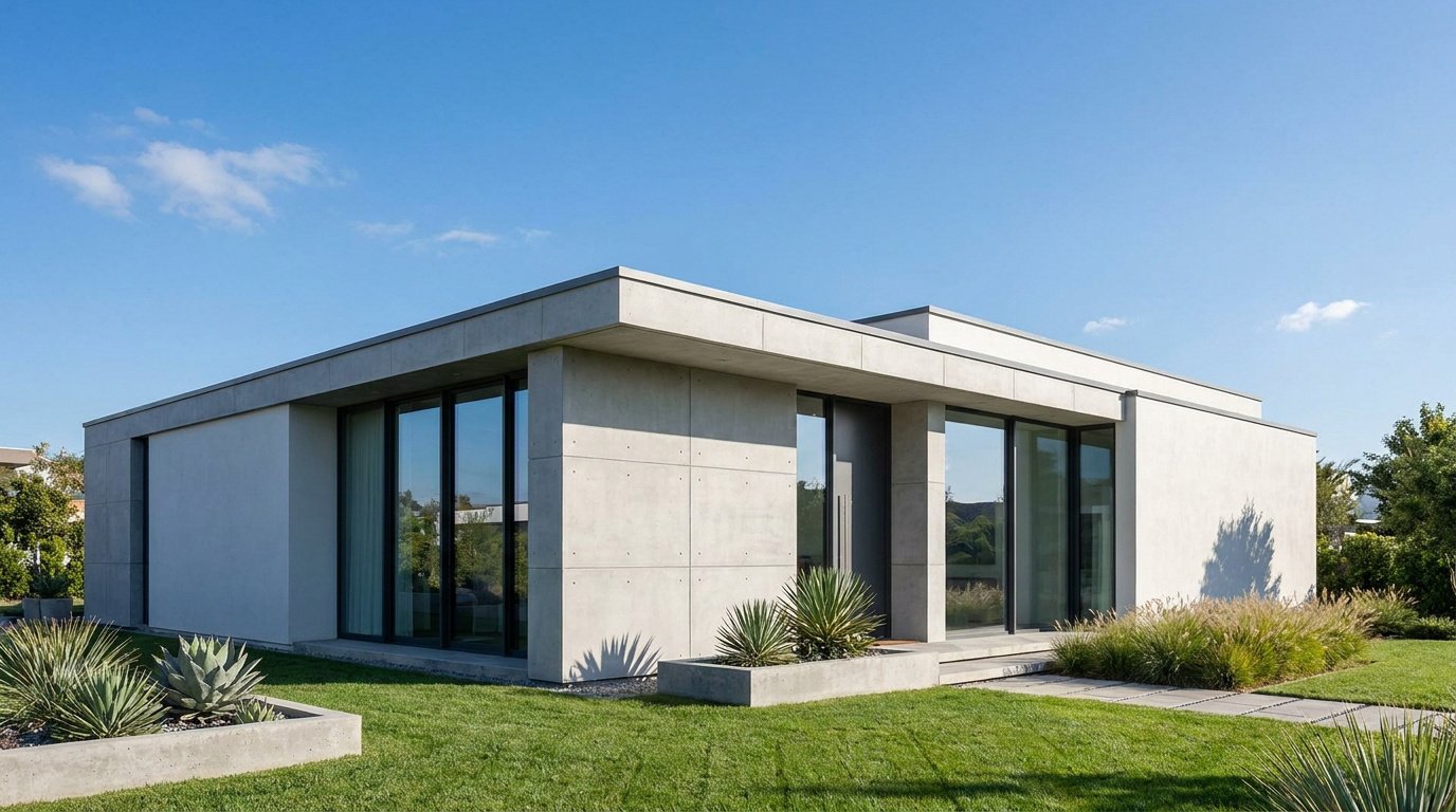 Maison cubique moderne en béton avec toit plat et grandes baies vitrées dans un jardin verdoyant.