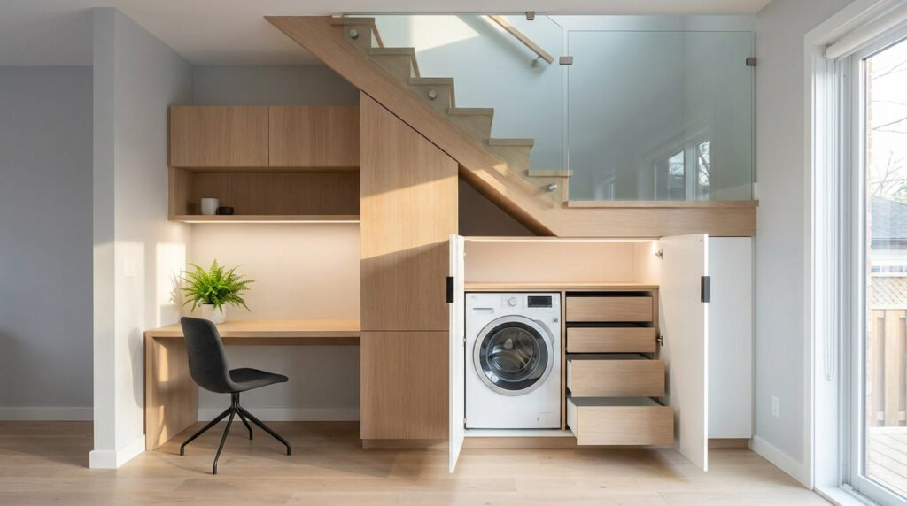 Espace sous escalier optimisé avec un bureau intégré et une buanderie cachée derrière des portes en bois clair.