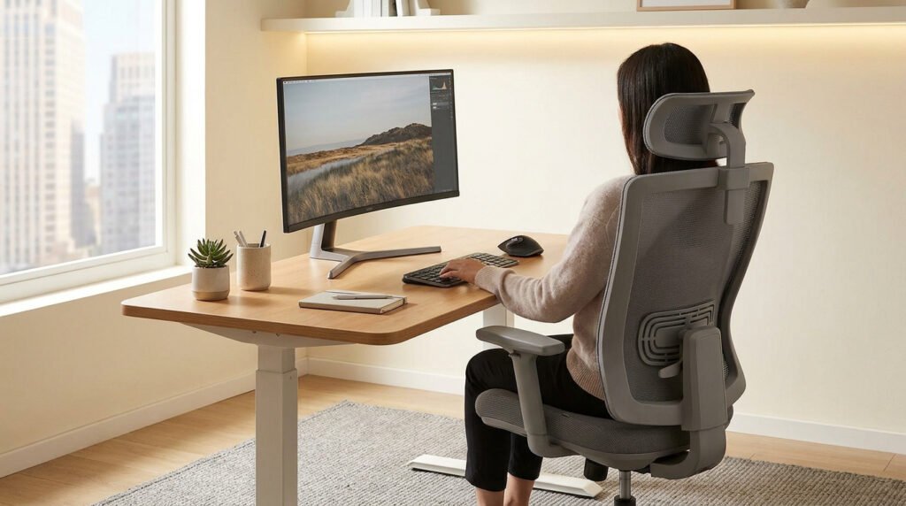Une femme assise à un bureau ergonomique avec un grand moniteur face à une fenêtre donnant sur des immeubles.