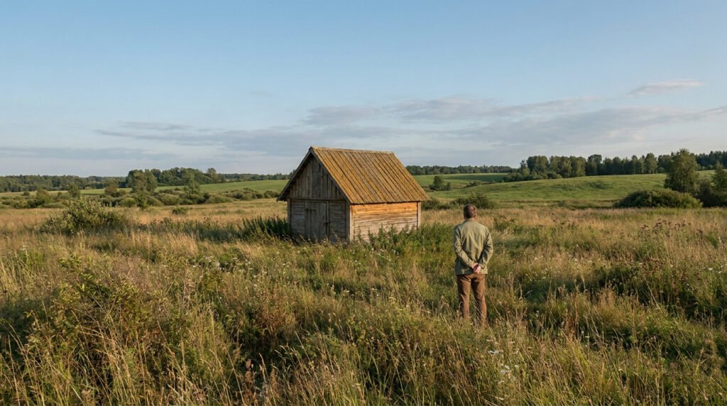 Un homme regarde un vieux cabanon en bois au milieu d'un vaste champ enherbé sous un ciel bleu.