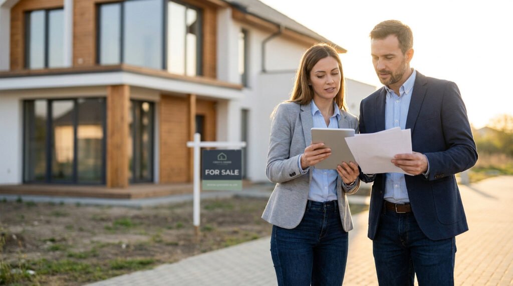Un agent immobilier et un client examinent des documents devant une maison moderne à vendre.