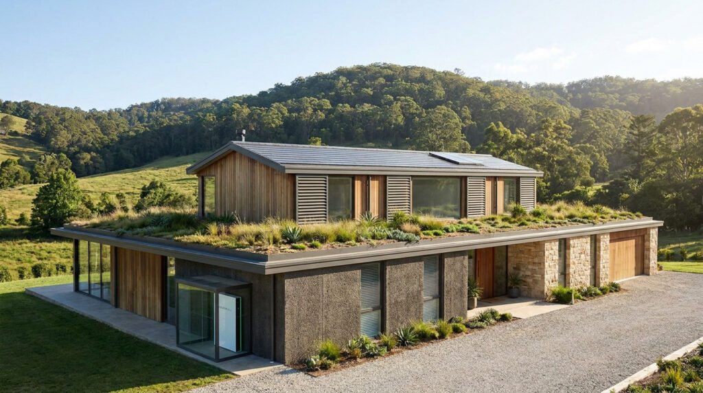Maison moderne avec un toit végétalisé, des panneaux solaires et des murs en pierre nichée dans un paysage verdoyant.