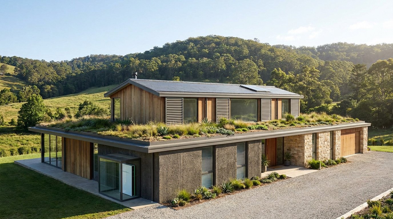Maison moderne avec un toit végétalisé, des panneaux solaires et des murs en pierre nichée dans un paysage verdoyant.
