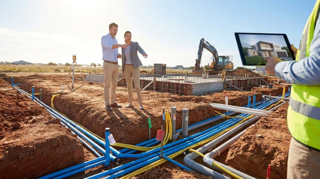 Professionnels sur un chantier avec des canalisations et une tablette montrant une maison.