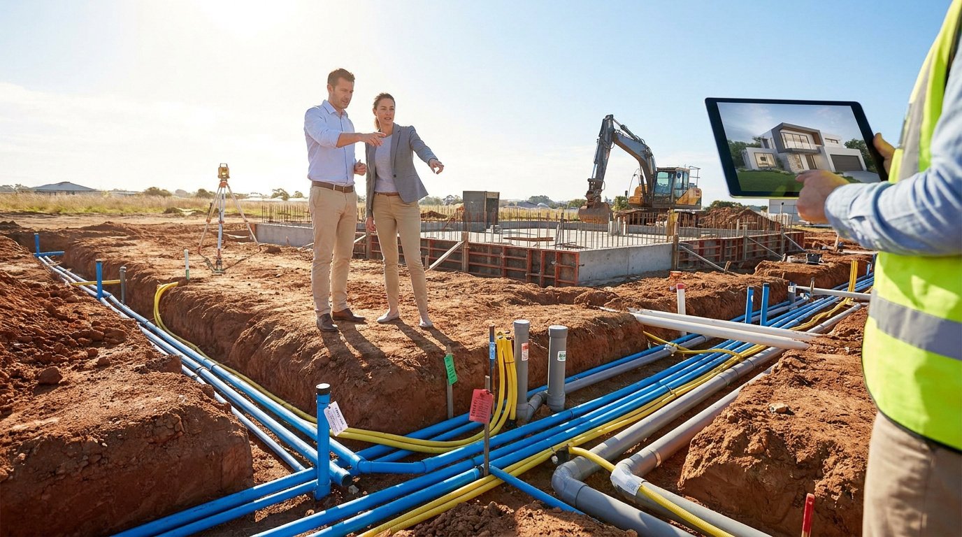 Professionnels sur un chantier avec des canalisations et une tablette montrant une maison.