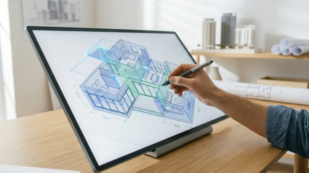Un architecte utilise un stylet sur une tablette numérique pour dessiner un plan 3D moderne d'une maison.