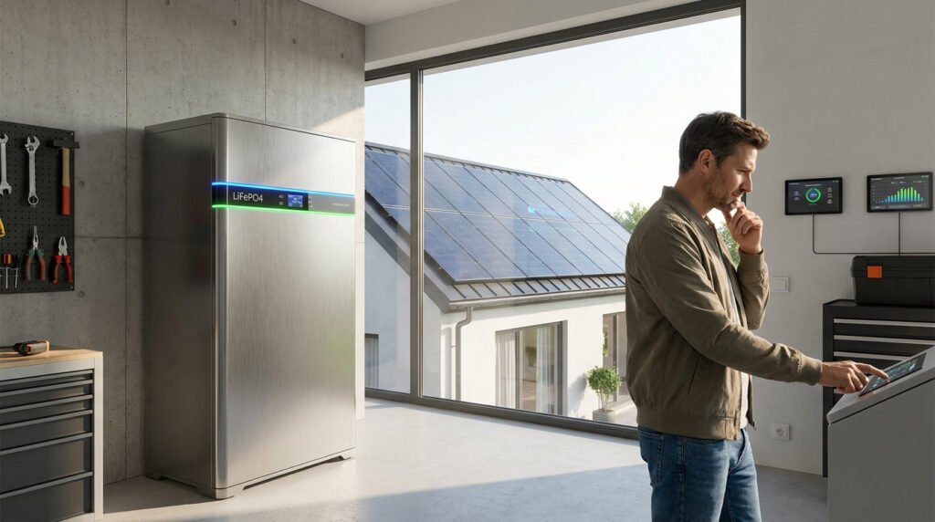 Un homme contrôle son système de stockage d'énergie solaire domestique LiFePO4 depuis une interface numérique.